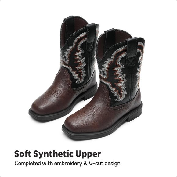 Toddler Little Boys Dark Brown Cowboy Boots Kids Western Square Toe Riding Mid - Picture 2 of 7